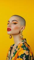 Stylish woman with bold earrings, shaved head, and vibrant makeup, posing with a quirky expression in front of a bright solid color background photo