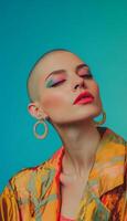 Stylish woman with bold earrings, shaved head, and vibrant makeup, posing with a quirky expression in front of a bright solid color background photo