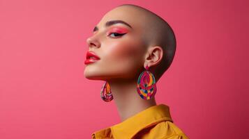 Stylish woman with bold earrings, shaved head, and vibrant makeup, posing with a quirky expression in front of a bright solid color background photo