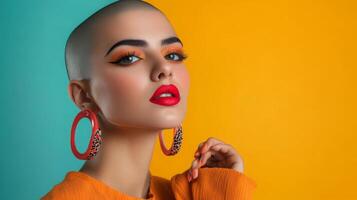 Stylish woman with bold earrings, shaved head, and vibrant makeup, posing with a quirky expression in front of a bright solid color background photo