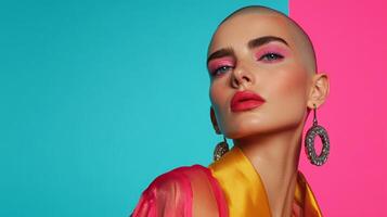 Stylish woman with bold earrings, shaved head, and vibrant makeup, posing with a quirky expression in front of a bright solid color background photo