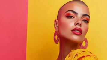 Stylish woman with bold earrings, shaved head, and vibrant makeup, posing with a quirky expression in front of a bright solid color background photo