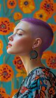 Model with purple buzzcut, quirky expression, wearing bold earrings, posed against a vibrant background photo