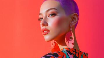 Model with purple buzzcut, quirky expression, wearing bold earrings, posed against a vibrant background photo