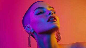 Model with purple buzzcut, quirky expression, wearing bold earrings, posed against a vibrant background photo