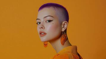 Model with purple buzzcut, quirky expression, wearing bold earrings, posed against a vibrant background photo