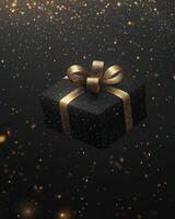 Black gift box with a golden ribbon floating with stars around, on a dark background with lots of space at the bottom photo