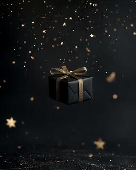 Minimalistic black present with gold ribbon, floating in mid-air with golden stars surrounding it, dark background with empty space at the top photo