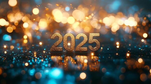 Golden metallic 2025 on a shiny background, surrounded by glowing warm lights and blue bokeh effects. photo
