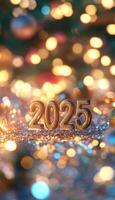 Golden 2025 standing on a shimmering surface, surrounded by bright festive lights and a soft, blurred background photo