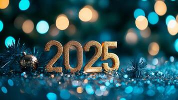 The number 2025 in golden font placed on a glittering, festive surface with blurred blue bokeh lights in the background photo