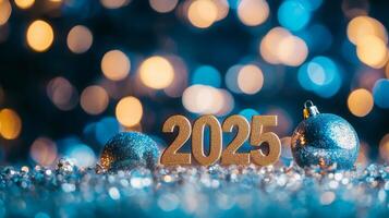 The number 2025 in golden font placed on a glittering, festive surface with blurred blue bokeh lights in the background photo