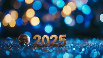 The number 2025 in golden font placed on a glittering, festive surface with blurred blue bokeh lights in the background photo