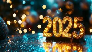 A glowing golden 2025 standing on a sparkling surface with blurred bokeh lights in the background, creating a festive atmosphere photo
