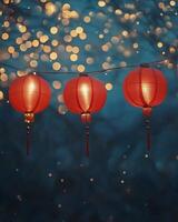 A string of red Chinese lanterns hanging against a night sky, with glowing golden fairy lights in the background, warm festive atmosphere. photo
