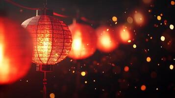 Beautiful red paper lanterns hanging in a line, glowing softly at night with blurred golden sparkles in the background, celebrating a festive night. photo