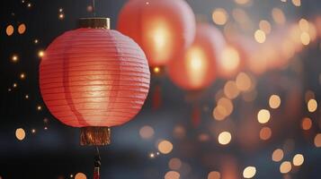 Beautiful red paper lanterns hanging in a line, glowing softly at night with blurred golden sparkles in the background, celebrating a festive night. photo