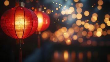 Beautiful red paper lanterns hanging in a line, glowing softly at night with blurred golden sparkles in the background, celebrating a festive night. photo