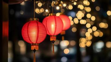 Beautiful red paper lanterns hanging in a line, glowing softly at night with blurred golden sparkles in the background, celebrating a festive night. photo