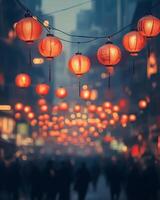 Festive red lanterns glowing above a busy street, softly lit with blurred crowds in the background, celebrating a festival photo