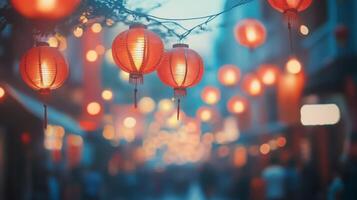 Festive red lanterns hanging above a city street, softly glowing in the evening light, with a blurred crowd in the background celebrating a festival. photo