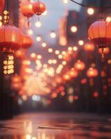 Red lanterns glowing in the twilight, with soft blurred lights in the background, creating a contrast between light and shadow. photo