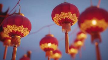 A close-up of bright red lanterns with intricate golden tassels, floating in the evening air under a clear blue sky, soft warm lighting photo