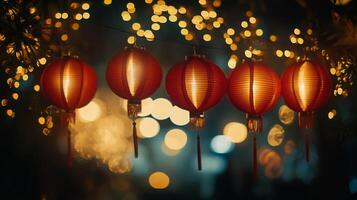 Traditional red lanterns hanging in a row, soft yellow lights illuminating the scene with a bokeh effect in the background, capturing the spirit of Chinese New Year. photo