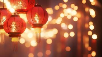 Traditional red lanterns hanging in a row, soft yellow lights illuminating the scene with a bokeh effect in the background, capturing the spirit of Chinese New Year. photo