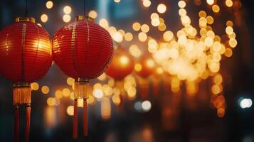 Traditional red lanterns hanging in a row, soft yellow lights illuminating the scene with a bokeh effect in the background, capturing the spirit of Chinese New Year. photo