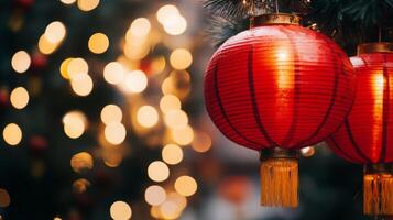 Traditional red lanterns hanging in a row, soft yellow lights illuminating the scene with a bokeh effect in the background, capturing the spirit of Chinese New Year. photo