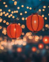 Vibrant red lanterns swaying gently, surrounded by blurry lights and a festive crowd in the background, glowing softly under warm lighting photo