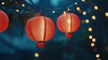 A string of red Chinese lanterns hanging against a dark night sky, with glowing fairy lights in the background, warm festive atmosphere photo