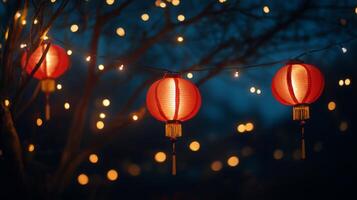 A string of red Chinese lanterns hanging against a dark night sky, with glowing fairy lights in the background, warm festive atmosphere photo