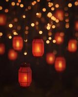 A string of glowing red Chinese lanterns with blurred golden lights in the background, creating a festive and elegant ambiance. photo