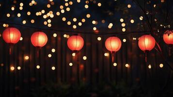 A string of red Chinese lanterns hanging against a dark night sky, with glowing fairy lights in the background, warm festive atmosphere photo