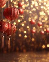A string of glowing red Chinese lanterns with blurred golden lights in the background, creating a festive and elegant ambiance. photo