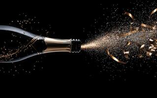 Sparkling champagne bottle with cork flying off, surrounded by curling golden ribbons, confetti bursting in all directions photo
