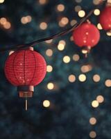A string of red Chinese lanterns hanging against a night sky, with glowing golden fairy lights in the background, warm festive atmosphere. photo