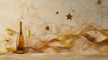 Celebration themed scene with a champagne bottle, gold stars, and ribbons flowing dynamically on a neutral beige canvas photo
