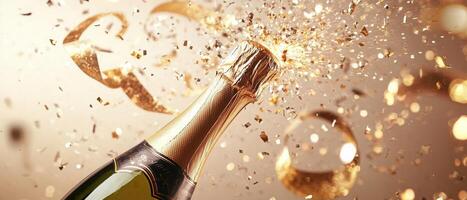 Champagne bottle popping with golden confetti and sparkles exploding outward, surrounded by curling ribbons, soft bokeh effect in the background, light beige canvas photo
