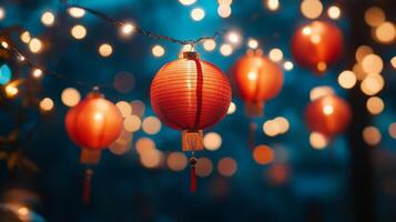 A string of red Chinese lanterns hanging against a dark night sky, with glowing fairy lights in the background, warm festive atmosphere photo