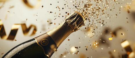 Champagne bottle popping with golden confetti and sparkles exploding outward, surrounded by curling ribbons, soft bokeh effect in the background, light beige canvas photo