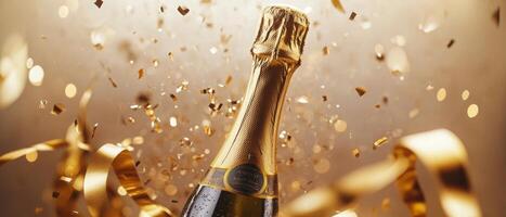 Champagne bottle popping with golden confetti and sparkles exploding outward, surrounded by curling ribbons, soft bokeh effect in the background, light beige canvas photo
