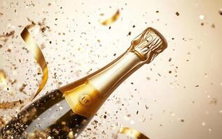 Gold champagne bottle with cork flying off, golden ribbons and glittering confetti scattered around, festive atmosphere on a light cream background photo