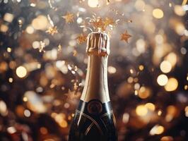 Flat lay of champagne bottle and streamers, with gold stars bursting from the top, light blurred glow in the background photo