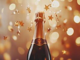 Flat lay of champagne bottle and streamers, with gold stars bursting from the top, light blurred glow in the background photo