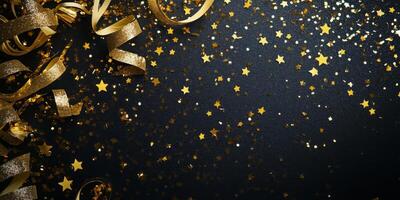 Decorative holiday flat lay featuring gold streamers, stars, and confetti, placed diagonally on a black canvas, with room for text on the right photo