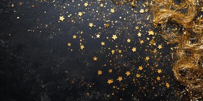 Decorative holiday flat lay featuring gold streamers, stars, and confetti, placed diagonally on a black canvas, with room for text on the right photo