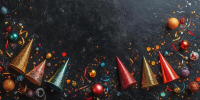 Party elements including glittery hats, streamers, and ornaments, arranged in a diagonal pattern across a black surface photo
